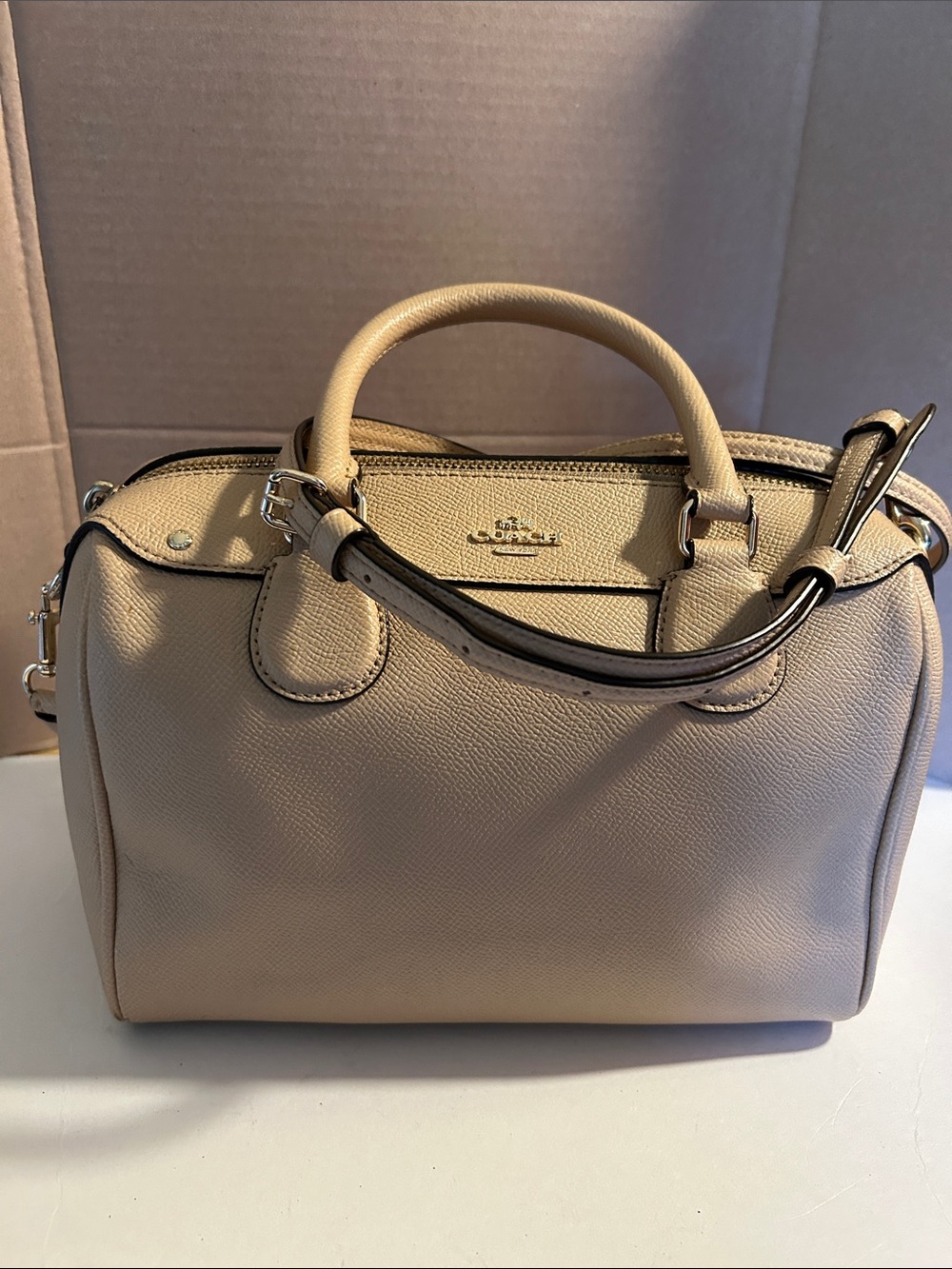 Coach Mini Bennett Pebbled Leather Satchel in Beige